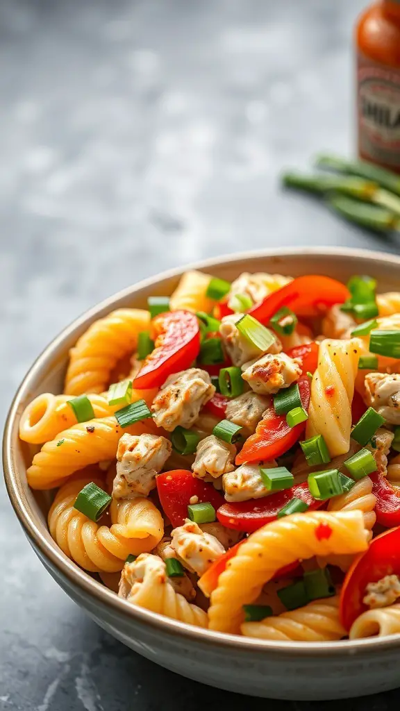 A bowl of Spicy Sriracha Chicken Pasta Salad with colorful ingredients.