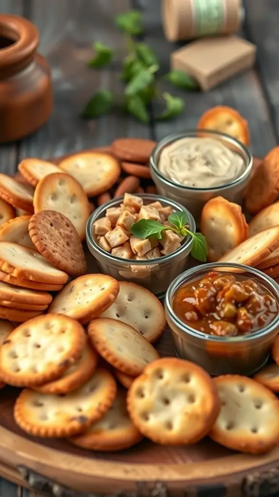 A variety of artisan crackers with three different spreads in bowls, arranged on a wooden platter.