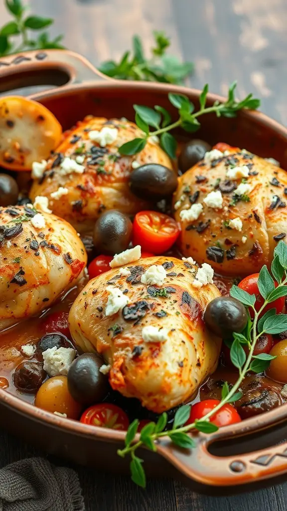 A Mediterranean Chicken Bake with chicken breasts, cherry tomatoes, olives, and feta cheese in a baking dish.