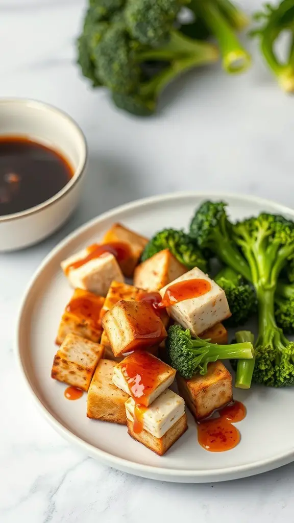 A plate of crispy baked tofu with broccoli, drizzled with sauce, and a small bowl of sauce on the side.