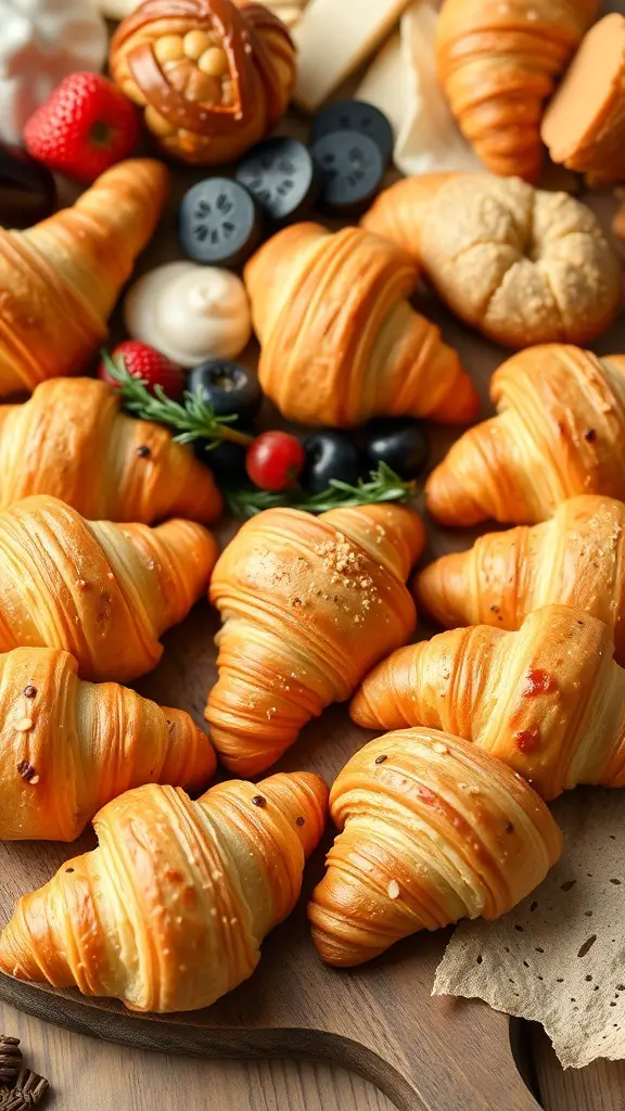 A variety of mini pastries and croissants arranged on a wooden board, featuring golden-brown croissants, fresh strawberries, blueberries, and decorative elements.