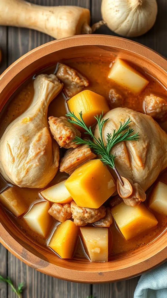 A bowl of chicken stew with root vegetables, including chicken pieces, potatoes, and squash.