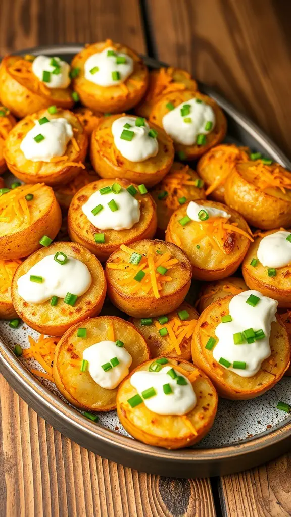 A platter of loaded potato bites topped with sour cream, cheese, and green onions.