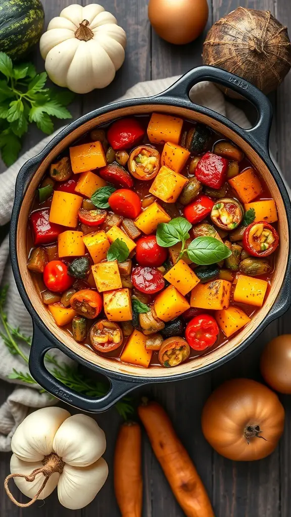 A dutch oven filled with colorful rustic ratatouille featuring squash, tomatoes, and peppers.