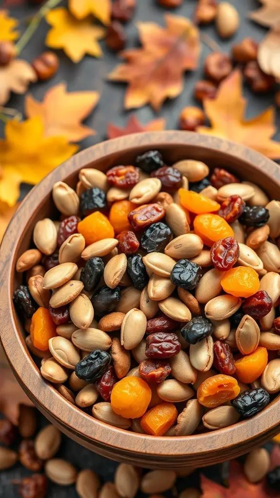 A wooden bowl filled with a colorful mix of sunflower seeds, nuts, and dried fruits, surrounded by autumn leaves.