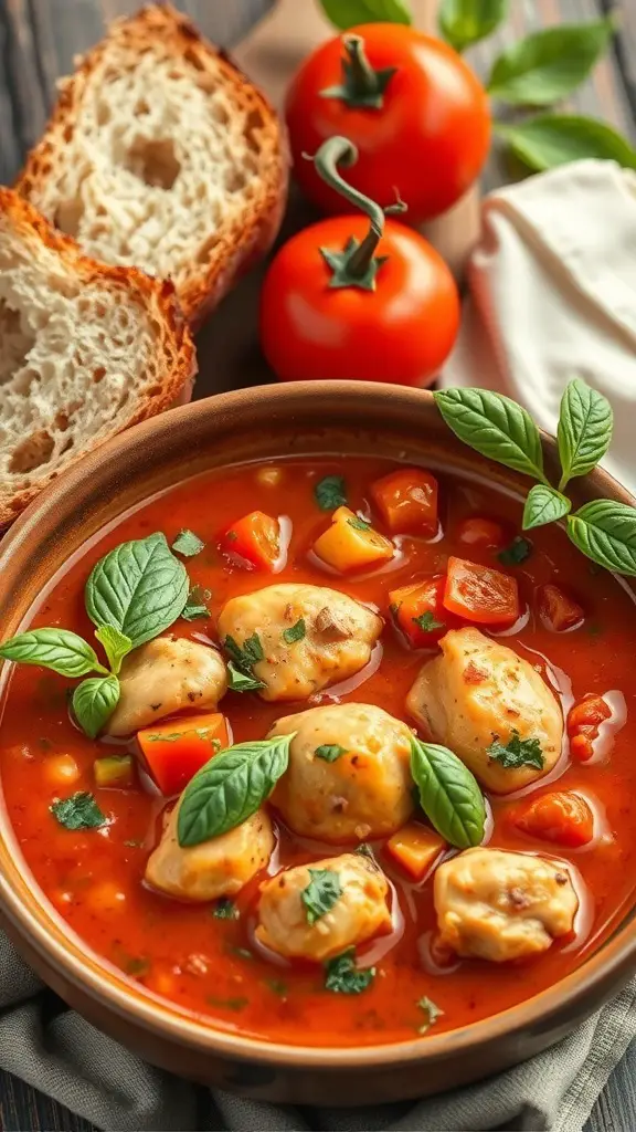 A bowl of Italian chicken stew with tomatoes, garnished with basil, served with bread and fresh tomatoes.