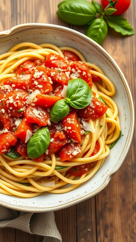 A bowl of zucchini noodles topped with tomato sauce, fresh basil, and grated cheese.
