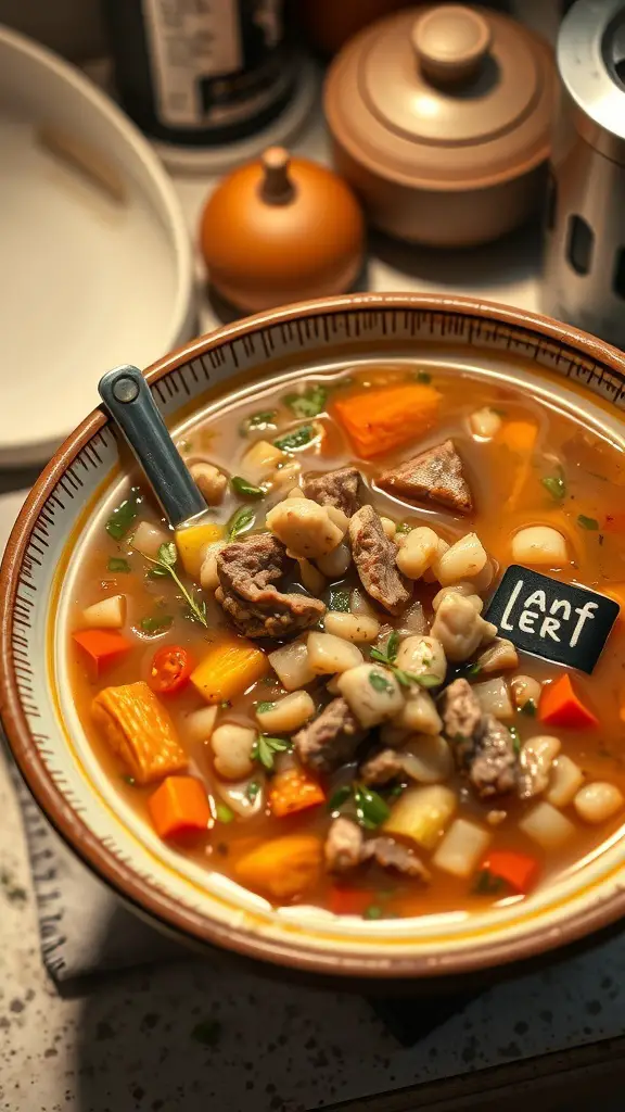 A bowl of beef and barley soup with chunks of beef, carrots, and barley in a savory broth.