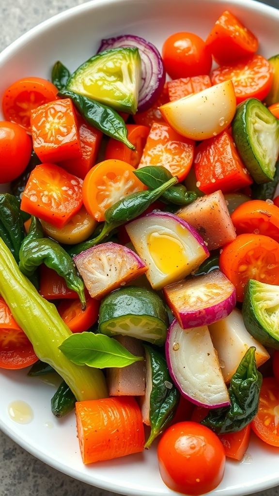 A colorful plate of steamed vegetables including tomatoes, carrots, peppers, and greens, drizzled with olive oil.