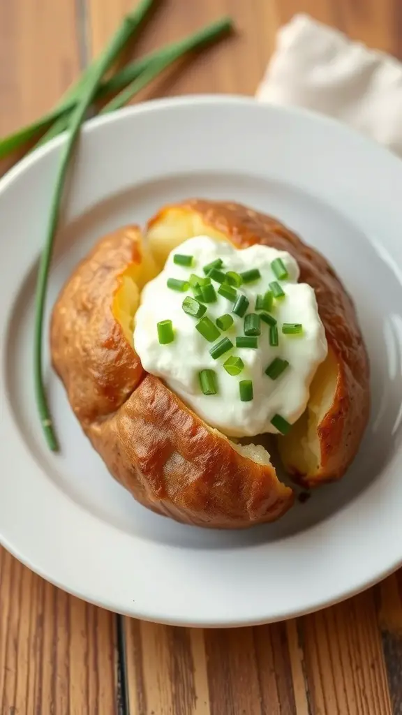 A baked potato topped with sour cream and chives on a white plate.