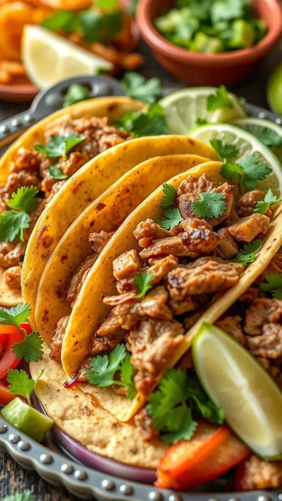Delicious pork carnitas tacos with fresh cilantro and lime