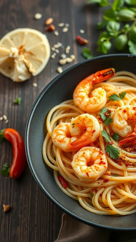 A bowl of shrimp scampi with angel hair pasta, garnished with parsley and red pepper flakes, on a wooden table.