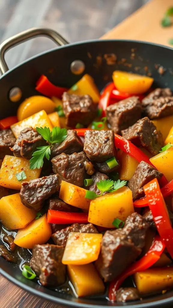 A colorful beef and potato stir-fry with bell peppers in a pan.