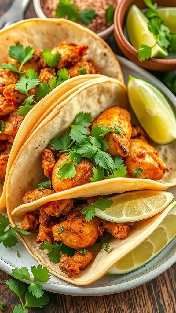Delicious rotisserie chicken tacos with cilantro and lime on a plate