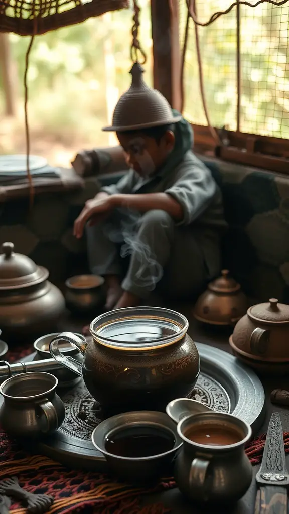 A cozy setting with a pot of chai and cups, evoking cultural warmth.