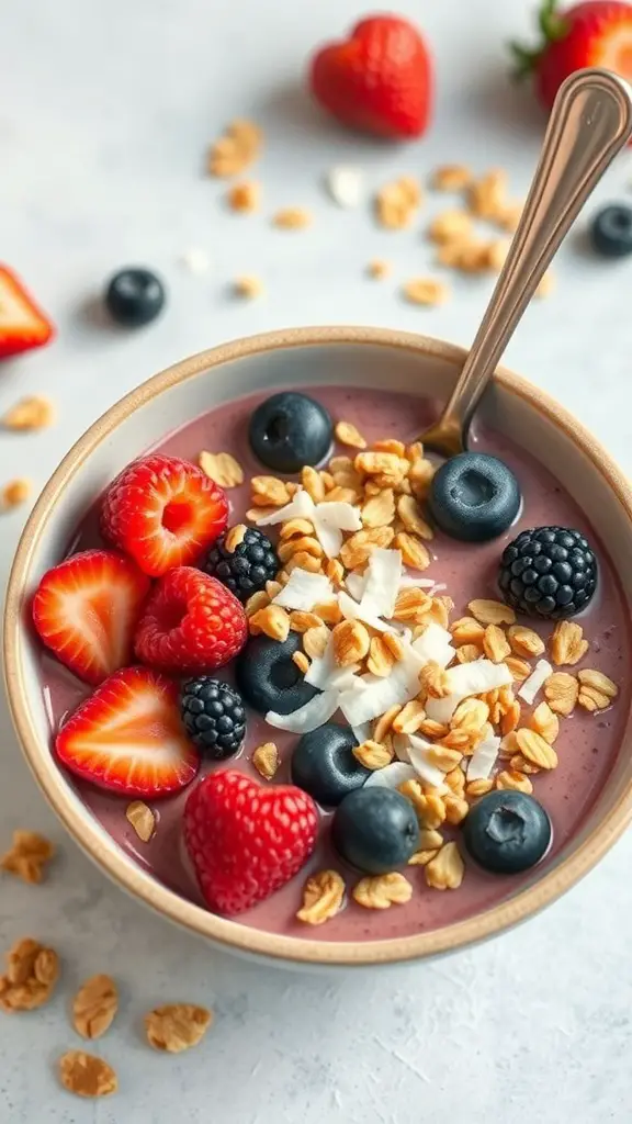A delicious berry smoothie bowl topped with strawberries, blueberries, blackberries, granola, and coconut flakes.