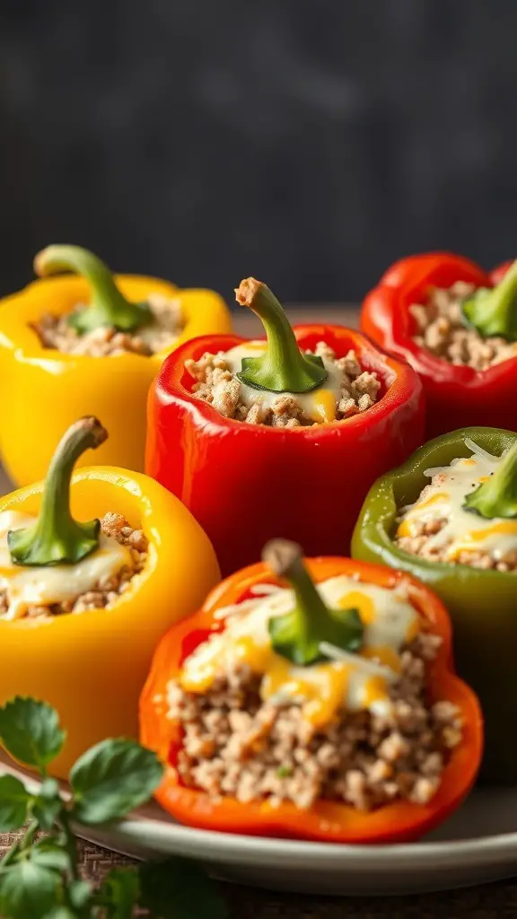 Colorful stuffed bell peppers filled with ground turkey and topped with cheese.