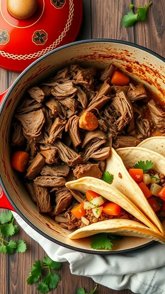 A Dutch oven filled with shredded pulled pork and tortillas, garnished with fresh vegetables.