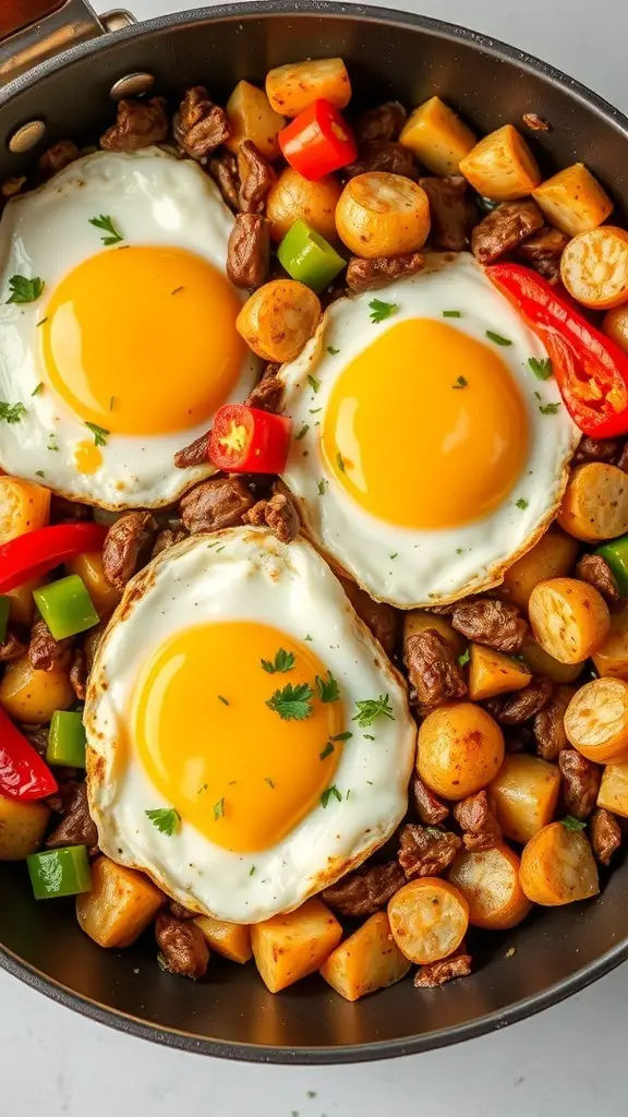 A skillet filled with canned potato hash, topped with three fried eggs and colorful bell peppers.