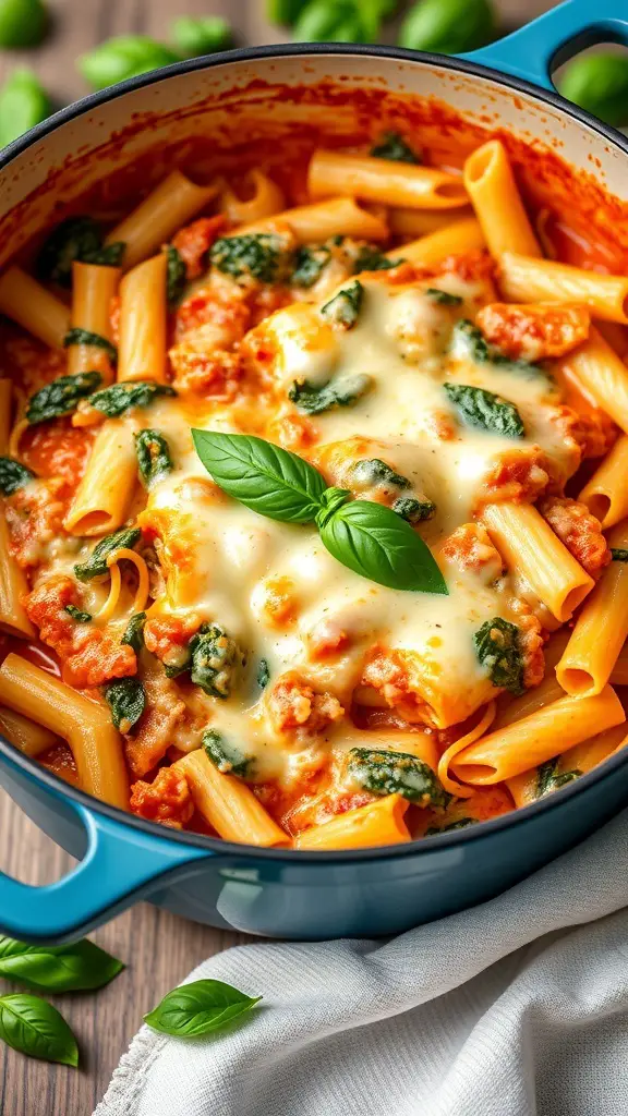 A Dutch oven filled with baked ziti, spinach, and melted cheese, garnished with fresh basil.