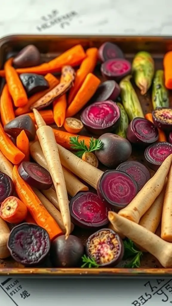 A colorful medley of roasted root vegetables including carrots, beets, and parsnips on a baking sheet.