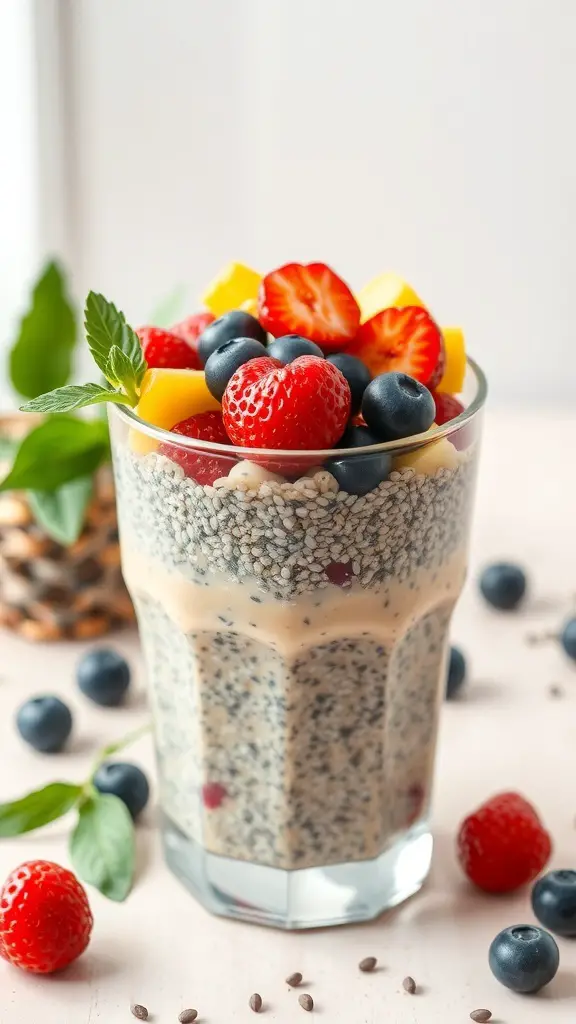 A glass of chia seed pudding topped with strawberries, blueberries, and mango.