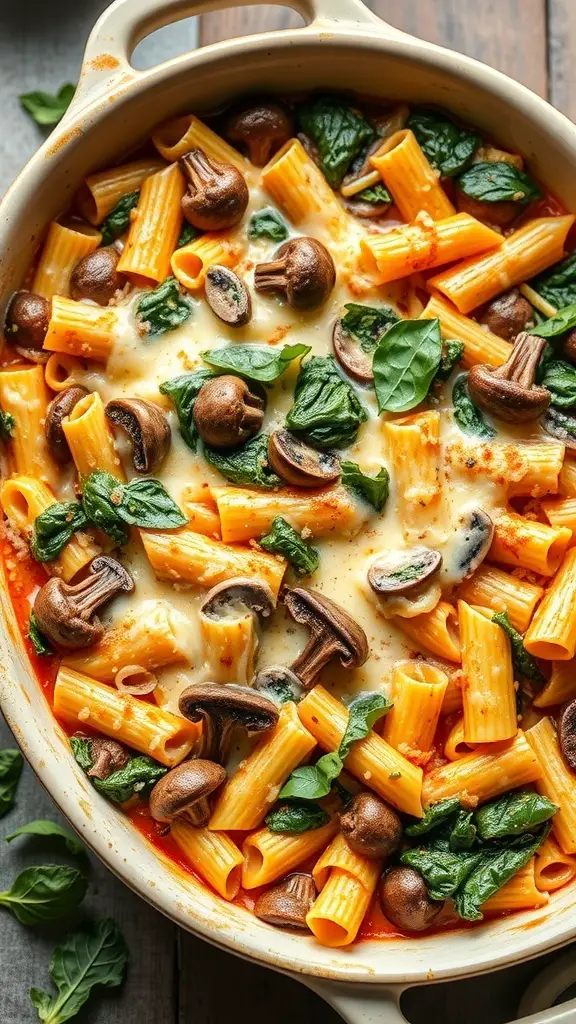 A delicious Mushroom and Spinach Pasta Bake with rigatoni, mushrooms, spinach, and melted cheese.