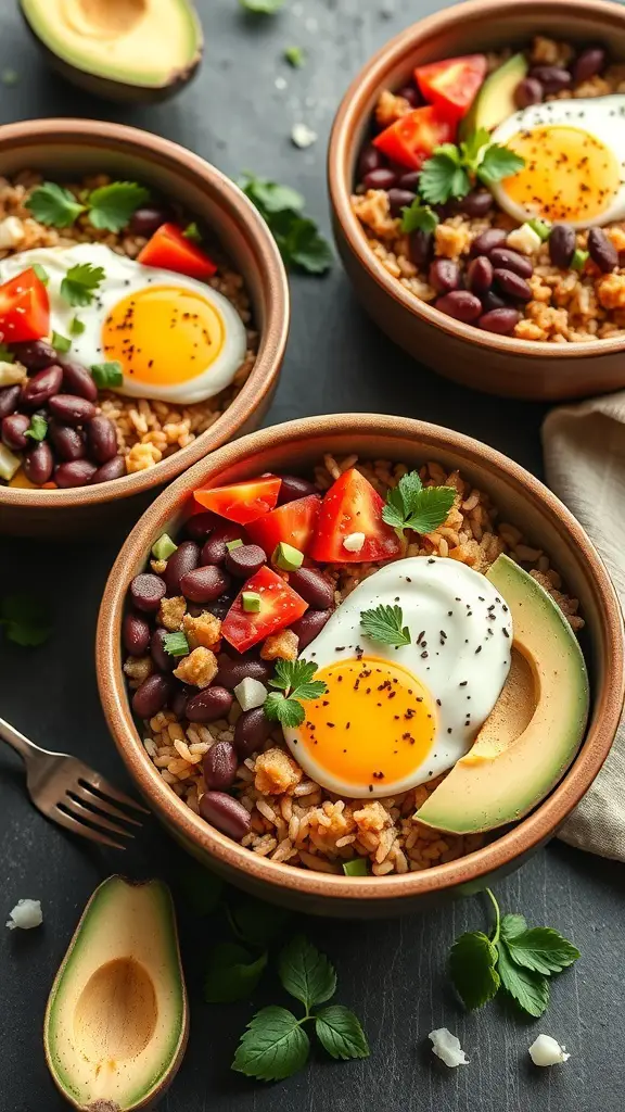 Hearty breakfast burrito bowls with rice, beans, tomatoes, avocado, and eggs