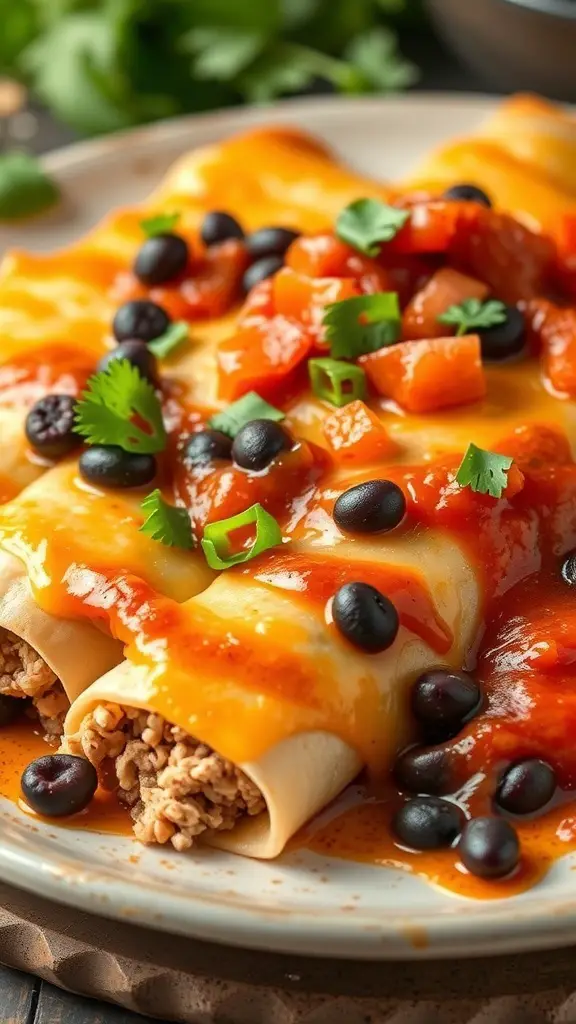 A plate of Turkey and Black Bean Enchiladas topped with cheese, sauce, and fresh toppings.
