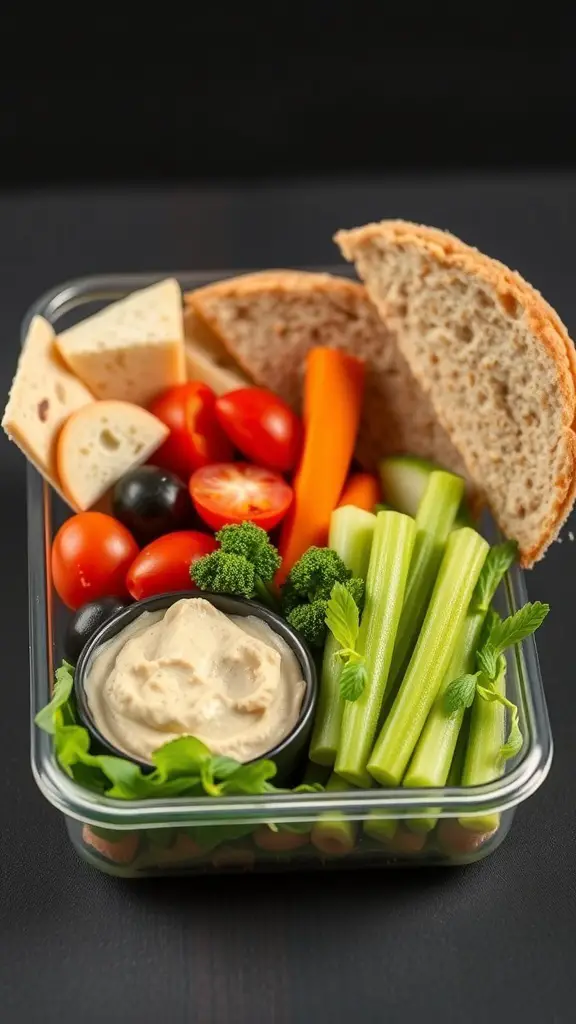 A bento box filled with hummus, fresh vegetables, and whole grain bread.