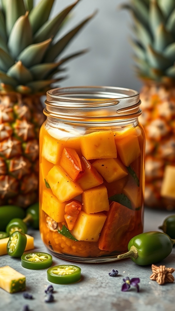 A jar of Pineapple Jalapeño Jam surrounded by fresh pineapples and jalapeños.