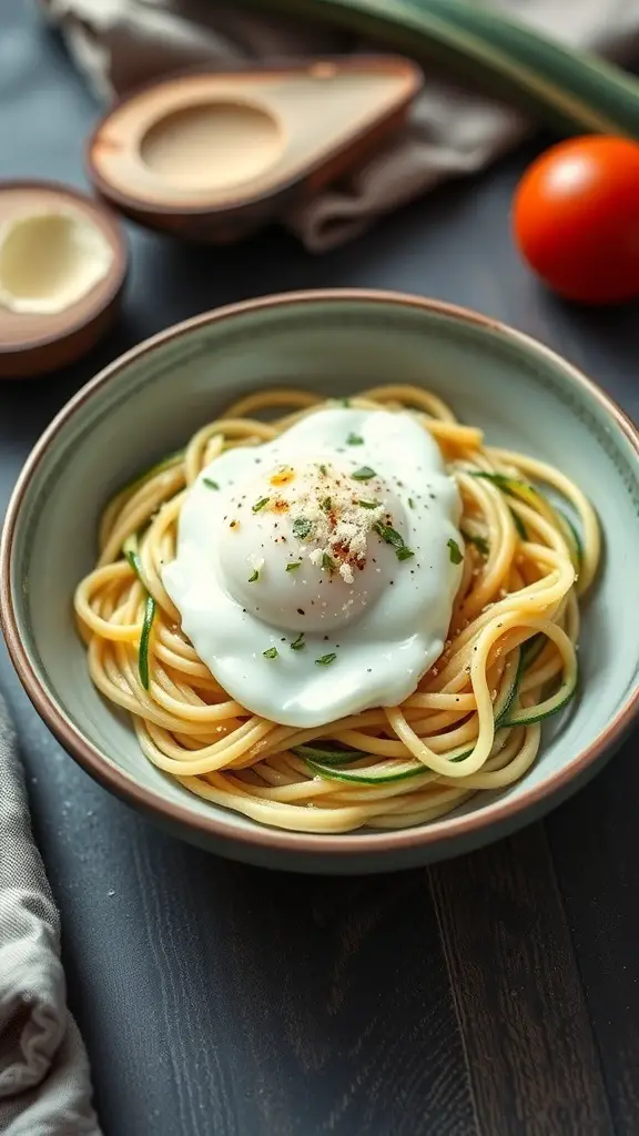 A bowl of zucchini noodles topped with a poached egg, garnished with herbs.