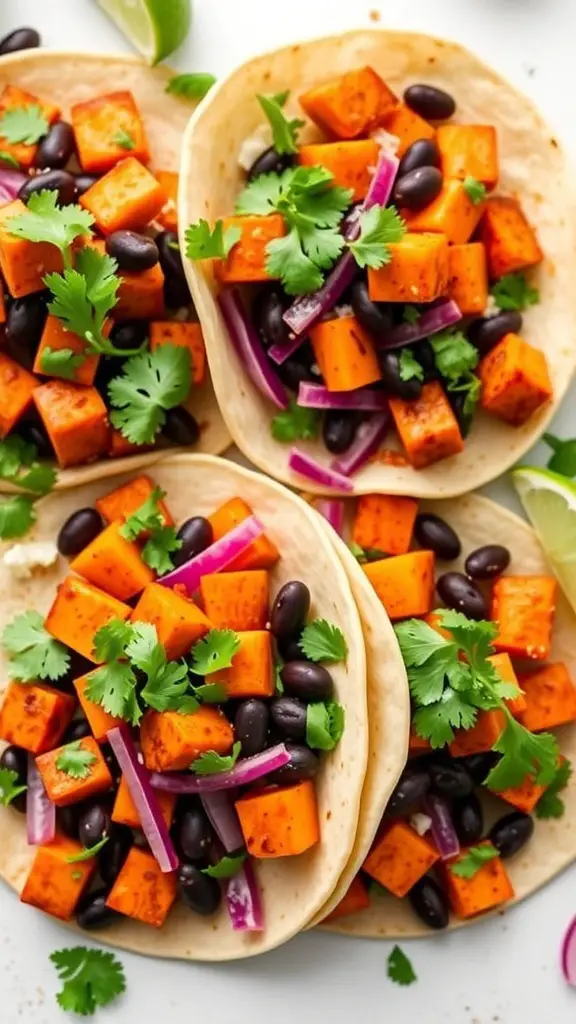 Three spicy sweet potato and black bean tacos topped with cilantro and red onion.