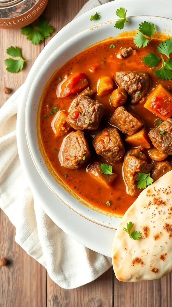 A bowl of Indian beef curry stew with tender beef chunks, colorful vegetables, and naan bread on the side.