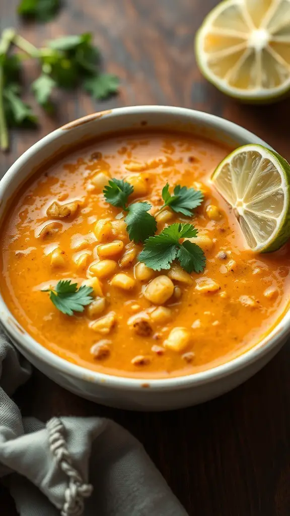 A bowl of Coconut Curry Lentil Soup garnished with cilantro and lime.