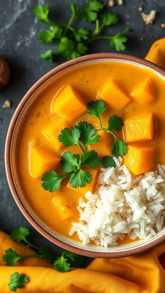 A bowl of white sweet potato curry with rice and fresh cilantro on top.