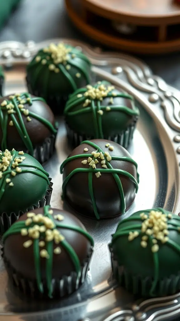 A plate of Slytherin Dark Chocolate Truffles decorated with green icing and gold sprinkles.