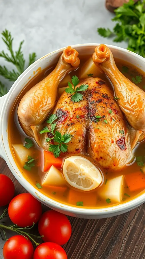A bowl of rotisserie chicken soup with veggies, garnished with herbs and lemon, on a wooden table.