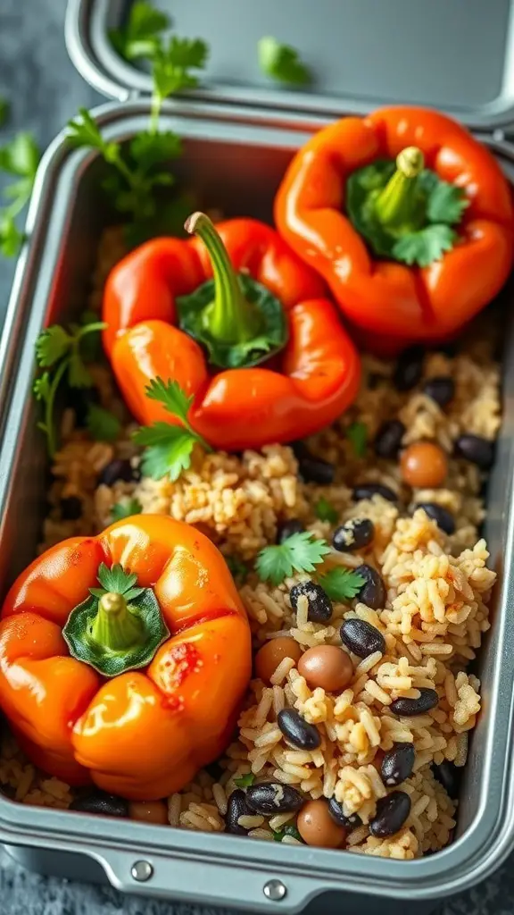 Stuffed bell peppers filled with rice and beans, garnished with cilantro