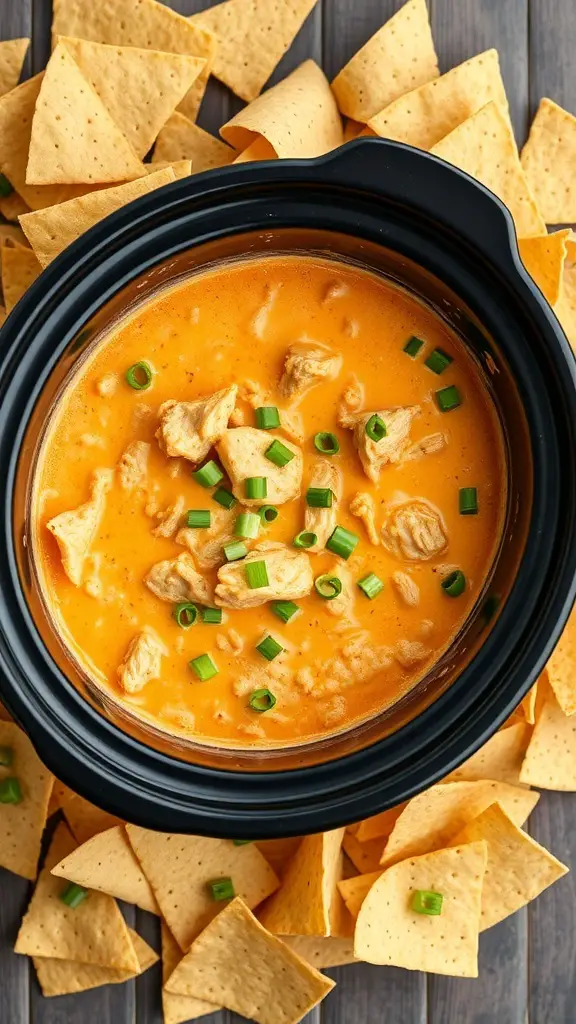 A crockpot filled with buffalo chicken dip, surrounded by tortilla chips.