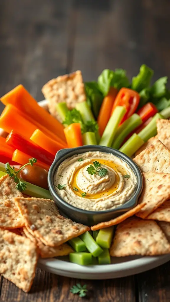 A colorful hummus and veggie platter with fresh vegetables and crackers.