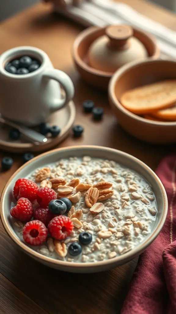 A bowl of oatmeal topped with raspberries, blueberries, and nuts, with a cup of blueberries and a plate of banana slices in the background.