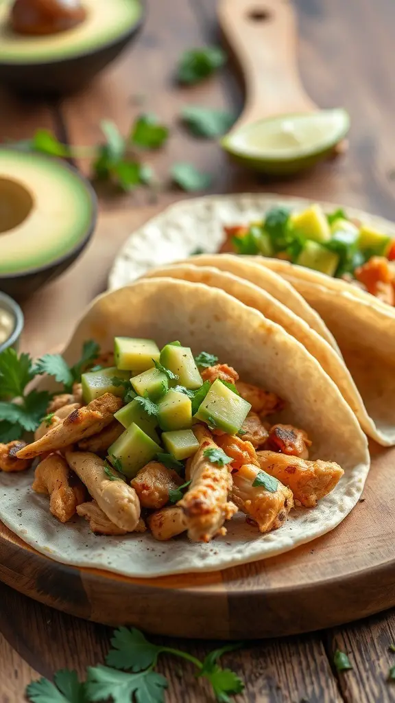 Delicious chicken tacos with avocado salsa on a wooden platter.
