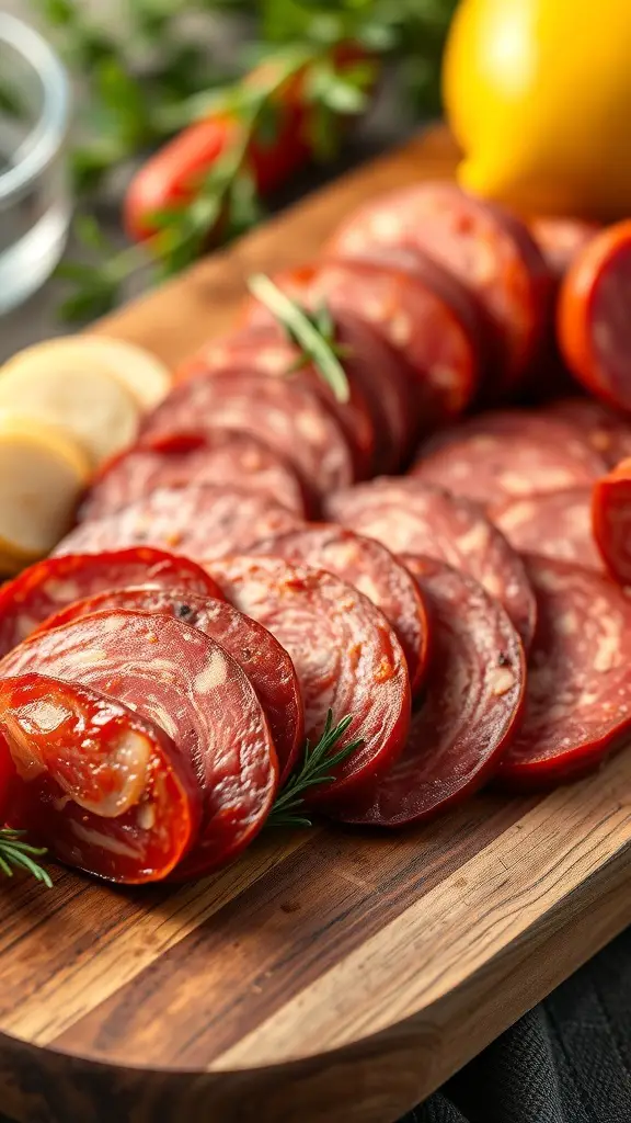 A wooden platter with slices of spicy chorizo and salami, garnished with herbs and lemon.