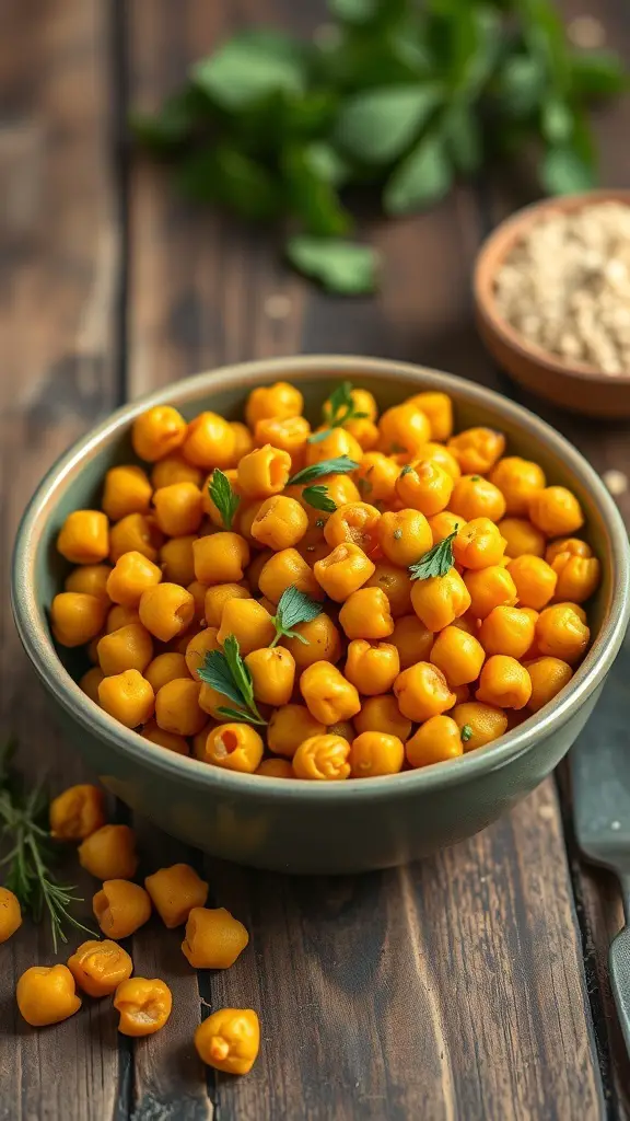 Bowl of turmeric roasted chickpeas with herbs on a wooden table