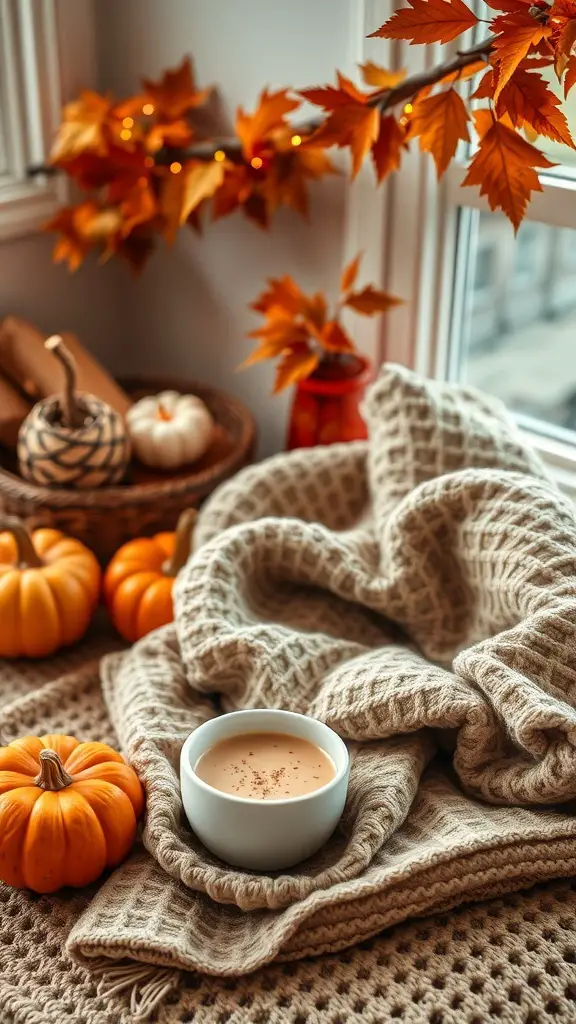 A cozy scene featuring a pumpkin chai latte, soft blanket, and decorative pumpkins.