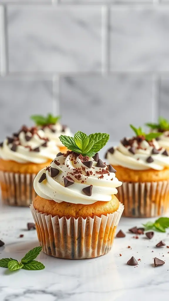 Mint chocolate chip cupcakes with white frosting, chocolate chips, and mint leaves