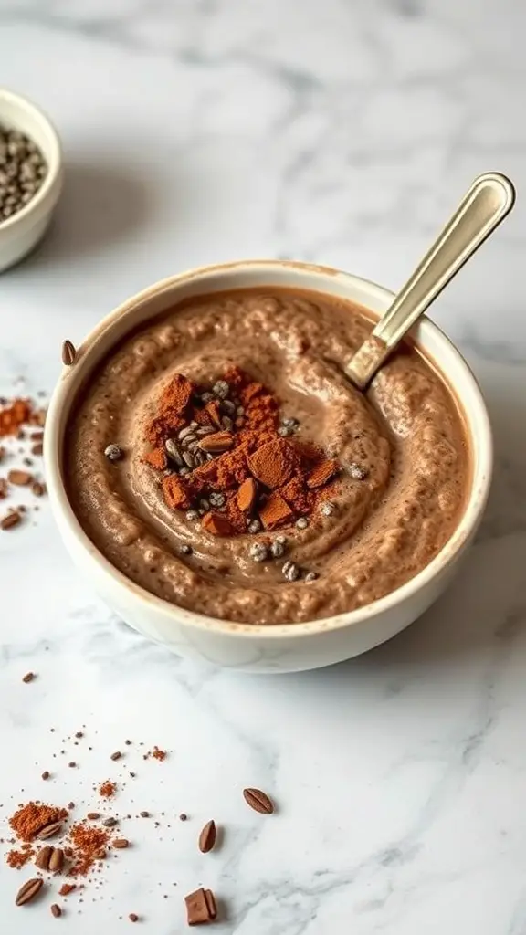 A bowl of chocolate chia seed overnight oats topped with cocoa powder and chia seeds.