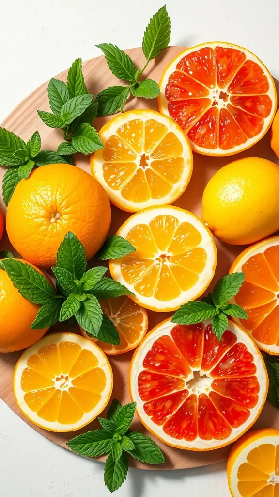 A colorful citrus platter featuring oranges, lemons, and grapefruits, garnished with fresh mint leaves.