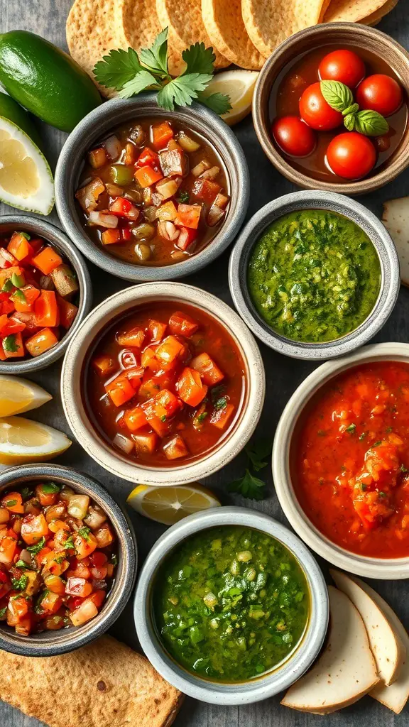 A variety of colorful fresh salsas in bowls, surrounded by tortilla chips and fresh ingredients.